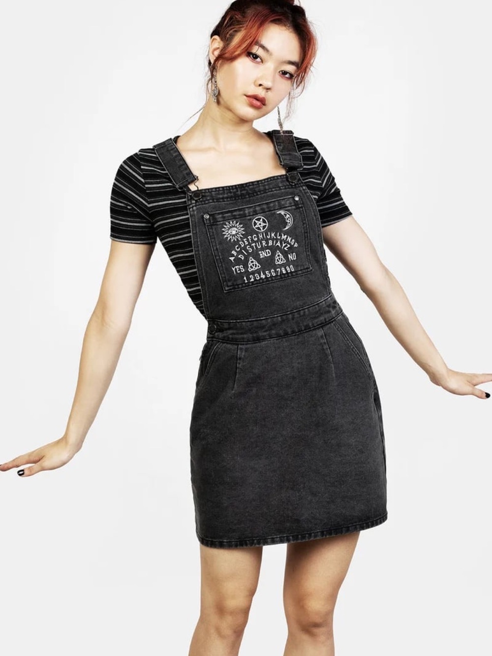 Disturbia Black Denim Ouija Board Overall Dress NWOT 10